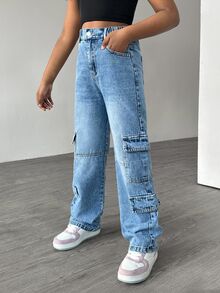 SHEIN Explorewe Tween 女童时尚休闲直筒洗水牛仔裤 - 中等水洗藍 - 查看 4