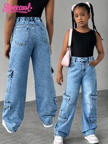 SHEIN Explorewe Tween 女童时尚休闲直筒洗水牛仔裤 - 中等水洗藍 - 查看 3