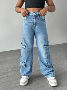 SHEIN Explorewe Tween 女童时尚休闲直筒洗水牛仔裤 - 中等水洗藍 - 查看 5