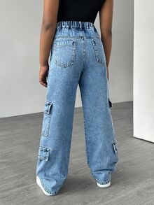 SHEIN Explorewe Tween 女童时尚休闲直筒洗水牛仔裤 - 中等水洗藍 - 查看 2