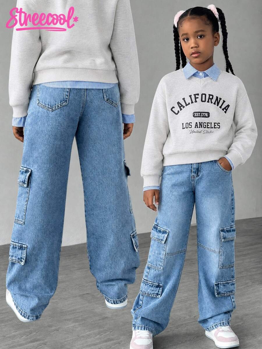 SHEIN Explorewe Tween 女童时尚休闲直筒洗水牛仔裤 - 中等水洗藍 - 查看 1