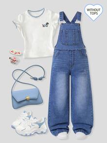 Girls' Denim Overalls, Washed Mid-Blue Denim, Large Front Patch Pocket, Side Slant Pockets, Adjustable Metal Buckle Straps, Suitable For Year-Round Wear, Can Be Paired With T-Shirts Or Shirts, Suitable For Campus, Shopping, Outings And Other Daily Scenes, Casual Collegiate Style, Straight Wide-Leg Fit, Inclusive For Various Body Types - Medium Wash - View 1