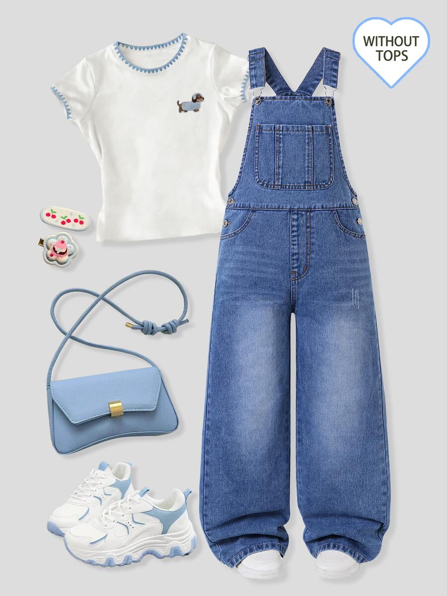 Girls' Denim Overalls, Washed Mid-Blue Denim, Large Front Patch Pocket, Side Slant Pockets, Adjustable Metal Buckle Straps, Suitable For Year-Round Wear, Can Be Paired With T-Shirts Or Shirts, Suitable For Campus, Shopping, Outings And Other Daily Scenes, Casual Collegiate Style, Straight Wide-Leg Fit, Inclusive For Various Body Types - Medium Wash - View 1