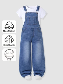 Girls' Denim Overalls, Washed Mid-Blue Denim, Large Front Patch Pocket, Side Slant Pockets, Adjustable Metal Buckle Straps, Suitable For Year-Round Wear, Can Be Paired With T-Shirts Or Shirts, Suitable For Campus, Shopping, Outings And Other Daily Scenes, Casual Collegiate Style, Straight Wide-Leg Fit, Inclusive For Various Body Types - Medium Wash - View 5