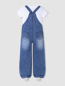 Girls' Denim Overalls, Washed Mid-Blue Denim, Large Front Patch Pocket, Side Slant Pockets, Adjustable Metal Buckle Straps, Suitable For Year-Round Wear, Can Be Paired With T-Shirts Or Shirts, Suitable For Campus, Shopping, Outings And Other Daily Scenes, Casual Collegiate Style, Straight Wide-Leg Fit, Inclusive For Various Body Types - Medium Wash - View 2