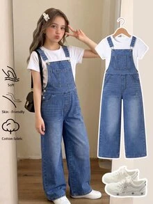 Girls' Denim Overalls, Washed Mid-Blue Denim, Large Front Patch Pocket, Side Slant Pockets, Adjustable Metal Buckle Straps, Suitable For Year-Round Wear, Can Be Paired With T-Shirts Or Shirts, Suitable For Campus, Shopping, Outings And Other Daily Scenes, Casual Collegiate Style, Straight Wide-Leg Fit, Inclusive For Various Body Types - Medium Wash - View 3