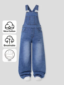 Girls' Denim Overalls, Washed Mid-Blue Denim, Large Front Patch Pocket, Side Slant Pockets, Adjustable Metal Buckle Straps, Suitable For Year-Round Wear, Can Be Paired With T-Shirts Or Shirts, Suitable For Campus, Shopping, Outings And Other Daily Scenes, Casual Collegiate Style, Straight Wide-Leg Fit, Inclusive For Various Body Types - Medium Wash - View 4
