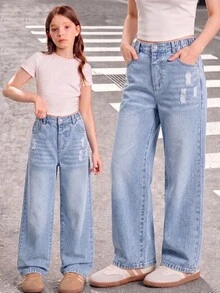 SHEIN 青少年女孩寬腿牛仔褲，Y2K街頭風復古休閒，淺藍色水洗，彈性腰帶破洞設計，適合學校假期夏季 - 淺色水洗藍 - 查看 3