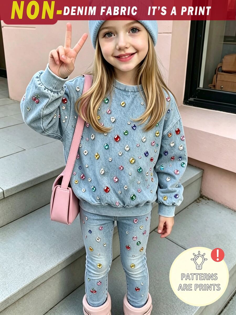 女童 2 件套運動衫套裝,時尚仿水鑽寶石印花,復古圓領運動衫搭配同款印花長褲,寬鬆舒適版型,日常穿搭,甜酷風格兒童 2 件套,秋冬休閒童裝,氣質女童運動衫套裝,適合外出與上學 - 彩色 - 查看 1