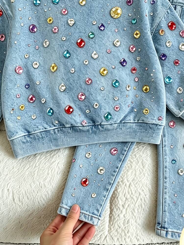 Young Girl 2 Pieces Sweatshirt Set, Fashionable Faux Rhinestone Gem Print, Vintage Round Neck Sweatshirt With Matching Print Pants, Loose Comfortable Fit, Daily Outfits, Sweet Cool Style Children's 2 Pieces Set, Autumn/Winter Casual Kids Wear, Atmospheric Young Girl Sweatshirt Set, Suitable For Outings And School - Multicolor - View 4