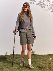 In My Nature 女款條紋圓領長袖拇指孔T恤，戶外徒步度假秋季上衣 - 彩色 - 查看 6