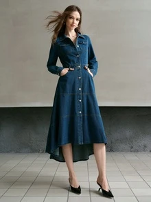 MOTF PREMIUM GAUN DENIM KASUAL WANITA UNTUK PERJALANAN SEHARI-HARI MUSIM SEMI/GUGUR, KANCING TUNGGAL, BAGIAN DEPAN TERBUKA, DAN PINGGANG YANG DIKENCANGKAN - Biru - View 5
