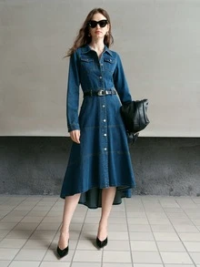MOTF PREMIUM GAUN DENIM KASUAL WANITA UNTUK PERJALANAN SEHARI-HARI MUSIM SEMI/GUGUR, KANCING TUNGGAL, BAGIAN DEPAN TERBUKA, DAN PINGGANG YANG DIKENCANGKAN - Biru - View 6