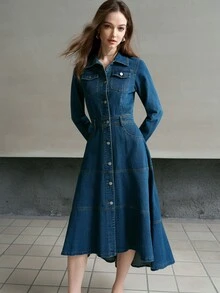 MOTF PREMIUM GAUN DENIM KASUAL WANITA UNTUK PERJALANAN SEHARI-HARI MUSIM SEMI/GUGUR, KANCING TUNGGAL, BAGIAN DEPAN TERBUKA, DAN PINGGANG YANG DIKENCANGKAN - Biru - View 4