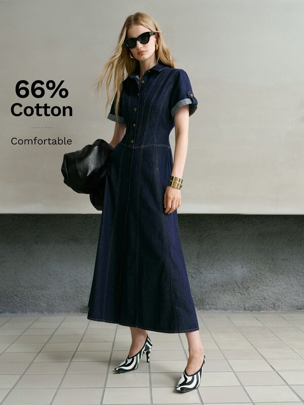 MOTF PREMIUM WOMEN ROLL TAB SHORT SLEEVE SLANT POCKET DENIM DRESS