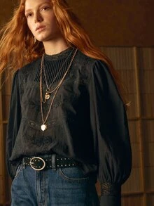 MOTF STUDIO Damen Frühlings-/Herbst-Top mit Blumenstickerei, kontrastierender Spitze und Laternenärmeln in Schwarz - Schwarz - Übersicht 6