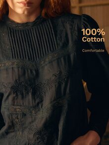 MOTF STUDIO Damen Frühlings-/Herbst-Top mit Blumenstickerei, kontrastierender Spitze und Laternenärmeln in Schwarz - Schwarz - Übersicht 1