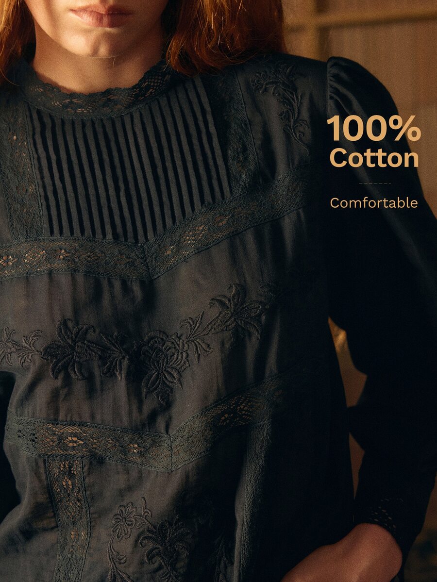 MOTF STUDIO Damen Frühlings-/Herbst-Top mit Blumenstickerei, kontrastierender Spitze und Laternenärmeln in Schwarz - Schwarz - Übersicht 1