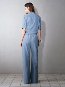 MOTF PREMIUM SET ATASAN DAN CELANA JEANS LENGAN PENDEK KANCING DEPAN UNTUK WANITA - Light Wash - View 5