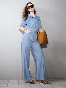 MOTF PREMIUM SET ATASAN DAN CELANA JEANS LENGAN PENDEK KANCING DEPAN UNTUK WANITA - Light Wash - View 3