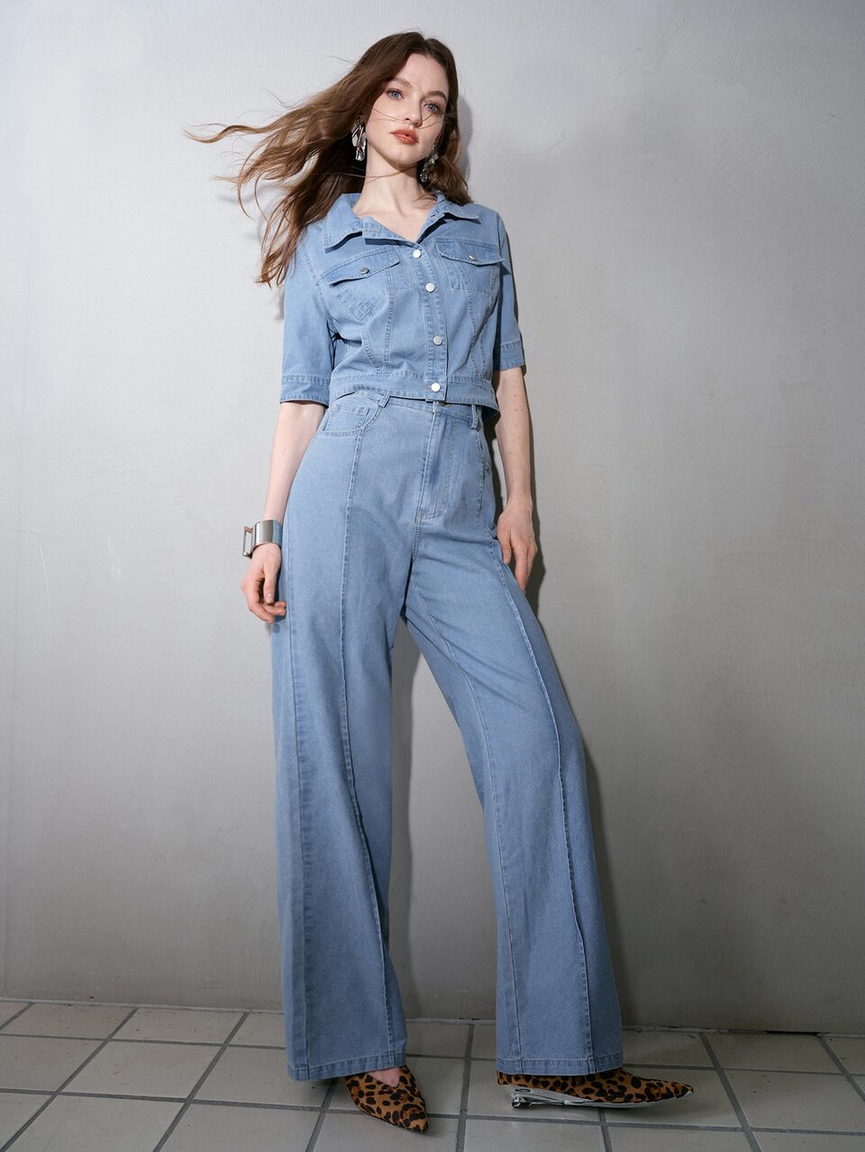 MOTF Conjunto de top de mezclilla con botones delanteros y manga corta y jeans para mujer