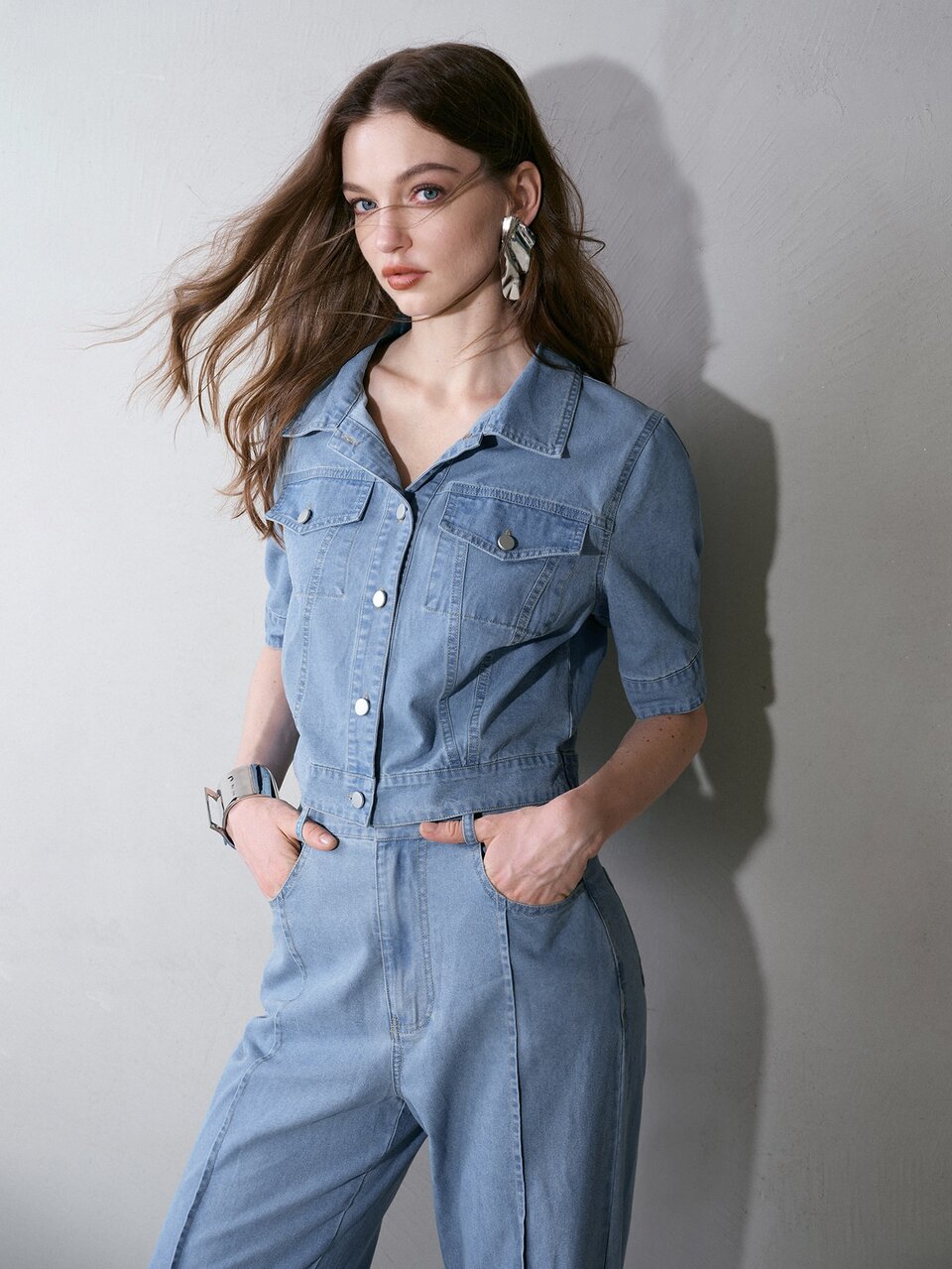 MOTF Conjunto de top de mezclilla con botones delanteros y manga corta y jeans para mujer