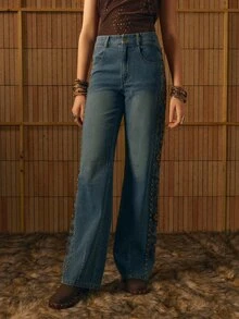 MOTF STUDIO EMBROIDERY RIVET DECOR STRAIGHT LEG JEANS - Blue - View 7