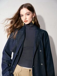 MOTF PREMIUM WOMEN'S AUTUMN DOUBLE BREASTED PLACKET BELTED DENIM COAT - Navy Blue - View 4