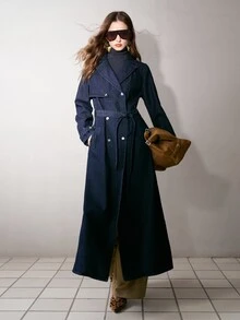 MOTF PREMIUM WOMEN'S AUTUMN DOUBLE BREASTED PLACKET BELTED DENIM COAT - Navy Blue - View 6