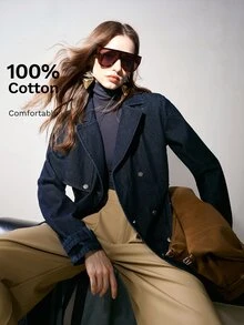 MOTF PREMIUM WOMEN'S AUTUMN DOUBLE BREASTED PLACKET BELTED DENIM COAT - Navy Blue - View 1