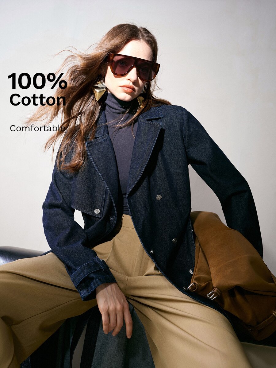 MOTF PREMIUM WOMEN'S AUTUMN DOUBLE BREASTED PLACKET BELTED DENIM COAT - Navy Blue - View 1