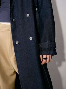 MOTF PREMIUM WOMEN'S AUTUMN DOUBLE BREASTED PLACKET BELTED DENIM COAT - Navy Blue - View 5