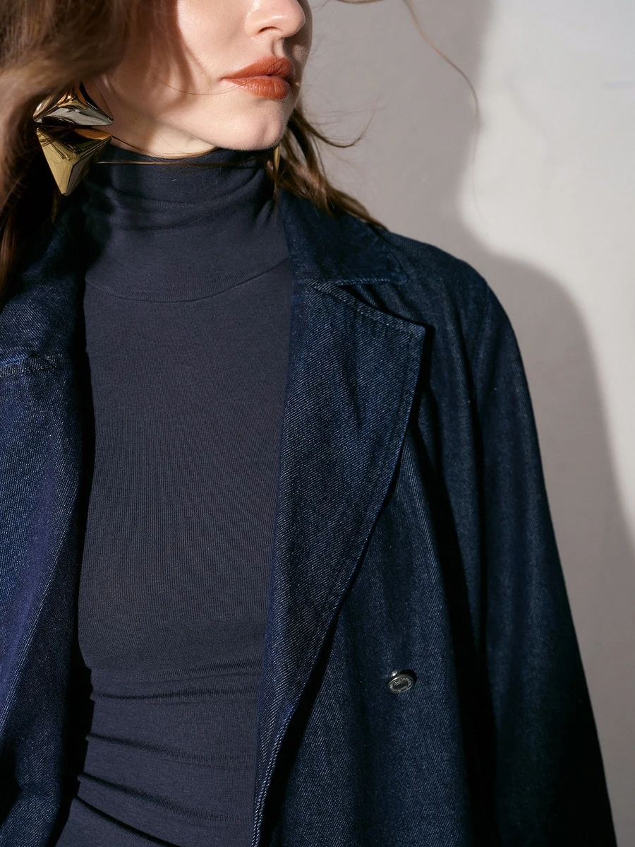 MOTF PREMIUM WOMEN'S AUTUMN DOUBLE BREASTED PLACKET BELTED DENIM COAT - Navy Blue - View 2