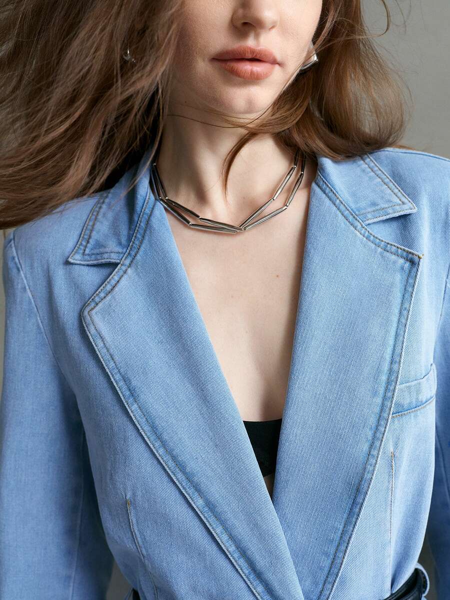 MOTF PREMIUM WOMEN'S FASHION CASUAL COMMUTE DENIM BLAZER WITH BELT - Blue - View 2