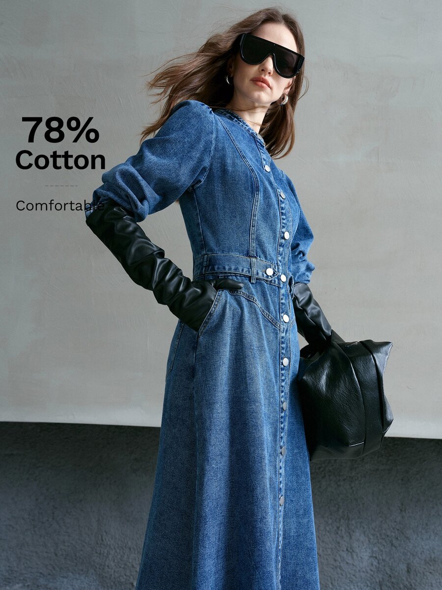 MOTF PREMIUM ELEGANT LONG SLEEVE LONG SLEEVE A-LINE DENIM DRESS FOR WOMEN, AUTUMN/WINTER - Royal Blue - View 1