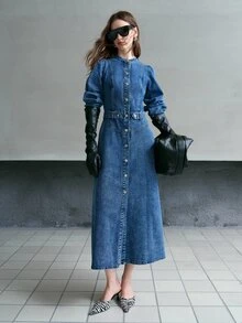 MOTF PREMIUM ELEGANT LONG SLEEVE LONG SLEEVE A-LINE DENIM DRESS FOR WOMEN, AUTUMN/WINTER - Royal Blue - View 3