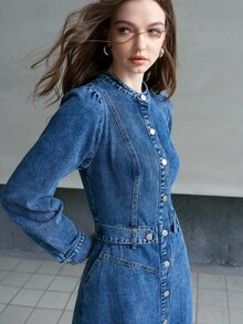 MOTF PREMIUM ELEGANT LONG SLEEVE LONG SLEEVE A-LINE DENIM DRESS FOR WOMEN, AUTUMN/WINTER - Royal Blue - View 6