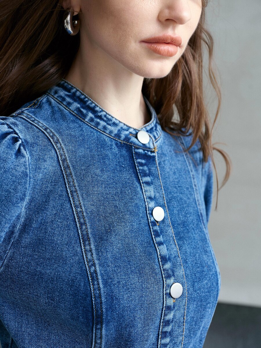 MOTF PREMIUM ELEGANT LONG SLEEVE LONG SLEEVE A-LINE DENIM DRESS FOR WOMEN, AUTUMN/WINTER - Royal Blue - View 2
