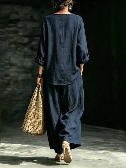 Trelyra Set Biru Dongker, Atasan Kancing Katak Buatan Tangan Bergaya Vintage, Potongan Bahu Jatuh Longgar. Dipadukan dengan Celana Panjang Lebar Warna Senada, Jatuh dan Nyaman, Santai dan Melangsingkan, Pakaian untuk Berpergian, Pakaian Kasual, Set Santai Wanita, Pakaian Musim Gugur/Dingin