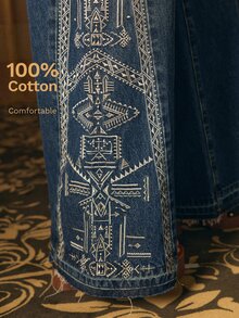 MOTF STUDIO WOMEN'S GEOMETRIC EMBROIDERED WIDE LEG JEANS - Blue - View 1