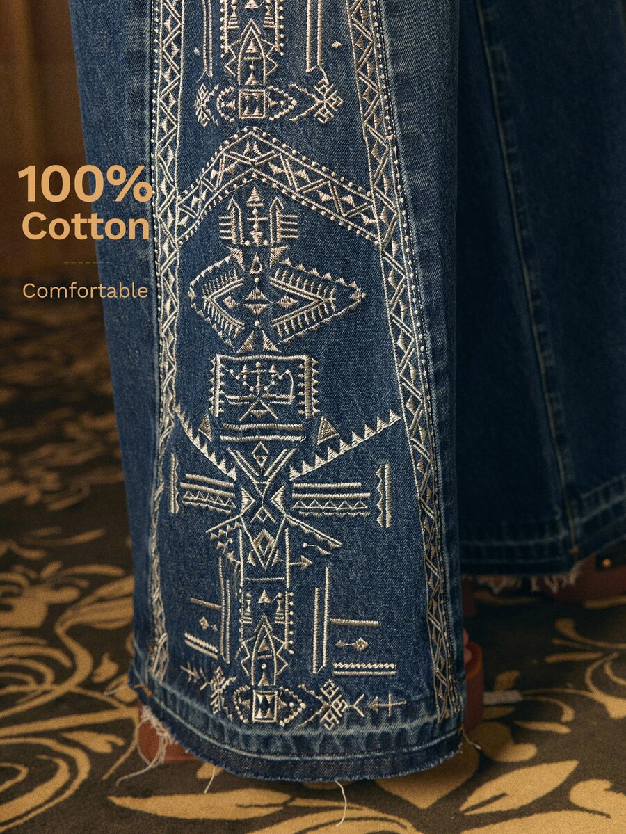 MOTF STUDIO WOMEN'S GEOMETRIC EMBROIDERED WIDE LEG JEANS - Blue - View 1