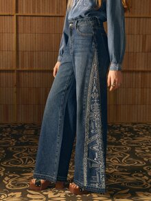 MOTF STUDIO WOMEN'S GEOMETRIC EMBROIDERED WIDE LEG JEANS - Blue - View 6