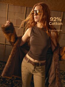 MOTF STUDIO WOMEN'S SUMMER SOLID COLOR RIVET DECOR FITTED CROPPED TANK TOP - Brown - View 1
