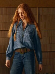 MOTF STUDIO WOMEN'S EMBROIDERED DENIM TOP WITH NOTCH NECKLINE - Blue - View 5