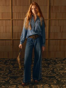 MOTF STUDIO WOMEN'S EMBROIDERED DENIM TOP WITH NOTCH NECKLINE - Blue - View 6
