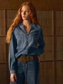 MOTF STUDIO WOMEN'S EMBROIDERED DENIM TOP WITH NOTCH NECKLINE - Blue - View 3
