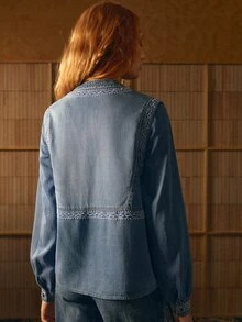MOTF STUDIO WOMEN'S EMBROIDERED DENIM TOP WITH NOTCH NECKLINE - Blue - View 4