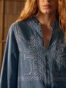 MOTF STUDIO WOMEN'S EMBROIDERED DENIM TOP WITH NOTCH NECKLINE - Blue - View 2