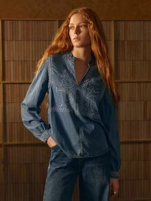 MOTF STUDIO WOMEN'S EMBROIDERED DENIM TOP WITH NOTCH NECKLINE - Blue - View 7