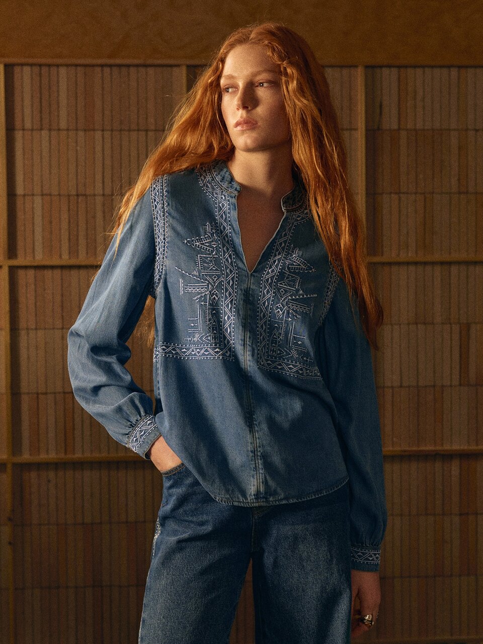 MOTF STUDIO WOMEN'S EMBROIDERED DENIM TOP WITH NOTCH NECKLINE